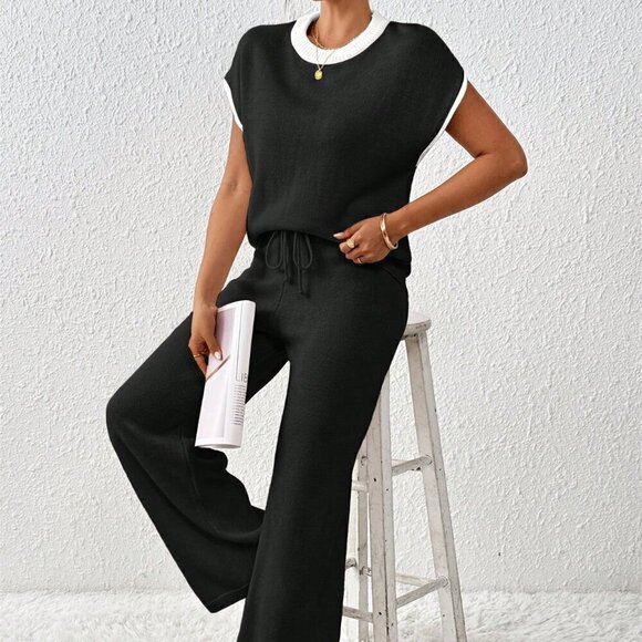 Black Preppy Women's Loose Knit Casual Contrast Trim Drawstring Sweater & Pants - Picture 6 of 7